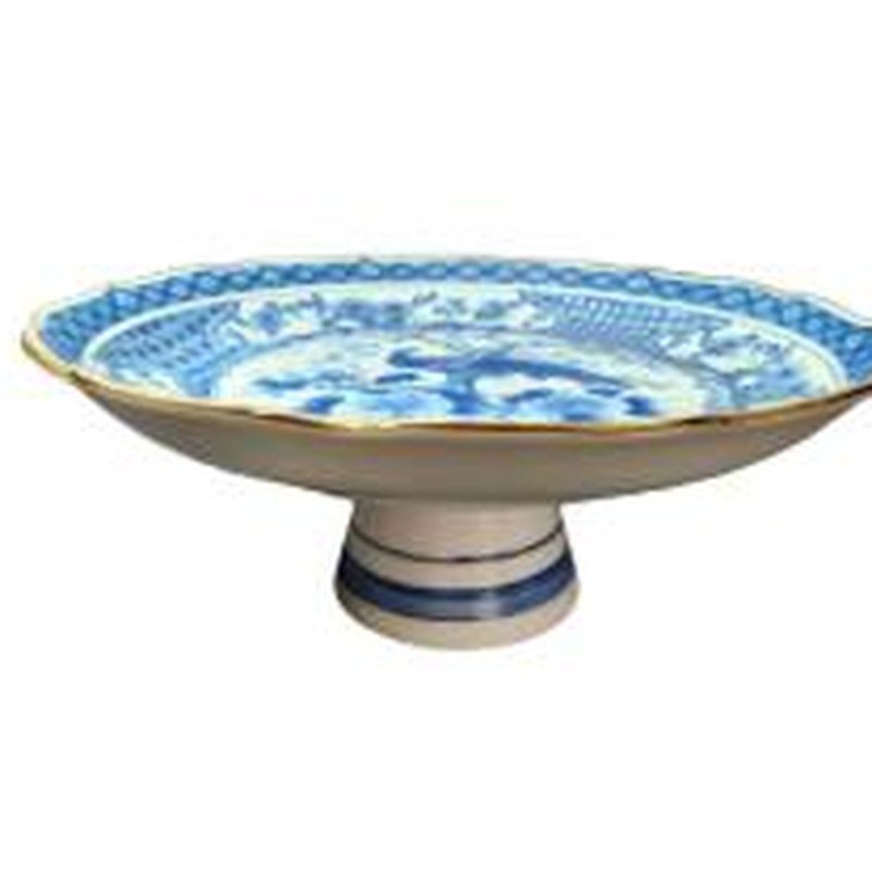 Plato pedestal azul y blanco de cerámica - producto de cerámica al mayoreo